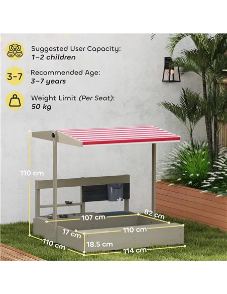 Outsunny Kids Wooden Sandbox w/ Canopy, Kitchen Toys, Seat, Storage, for Ages 3-7 Years