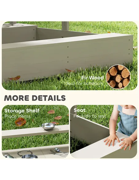 Outsunny Kids Wooden Sandbox w/ Canopy, Kitchen Toys, Seat, Storage, for Ages 3-7 Years