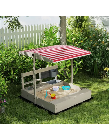 Outsunny Kids Wooden Sandbox w/ Canopy, Kitchen Toys, Seat, Storage, for Ages 3-7 Years