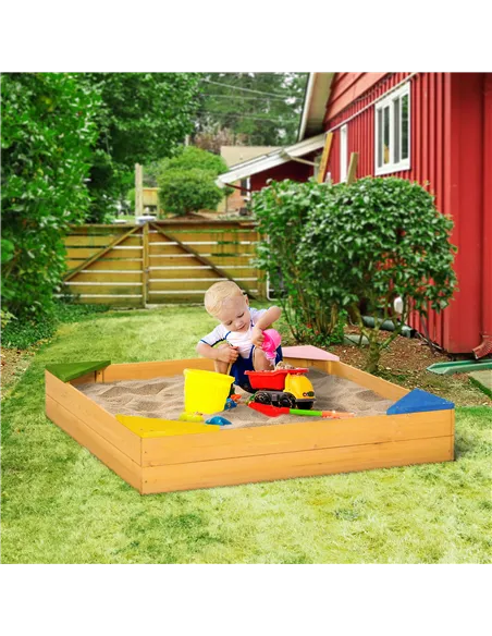 Outsunny Kids Wooden Sand Pit, Children Sandbox, with Four Seats, Non-Woven Fabric, for Gardens, Playgrounds