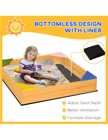 Outsunny Kids Wooden Sand Pit, Children Sandbox, with Four Seats, Non-Woven Fabric, for Gardens, Playgrounds