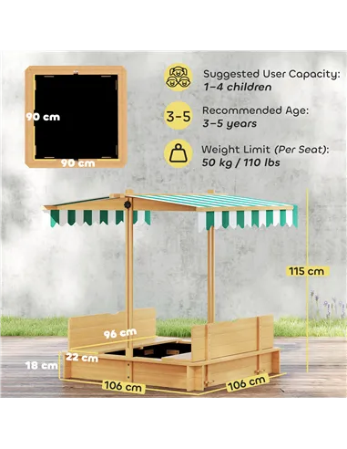Outsunny Kids Square Wooden Sandpit, Children Sandbox Outdoor Playset