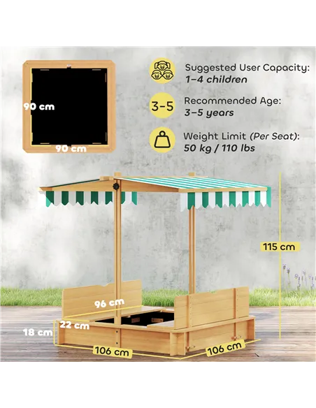 Outsunny Kids Square Wooden Sandpit, Children Sandbox Outdoor Playset