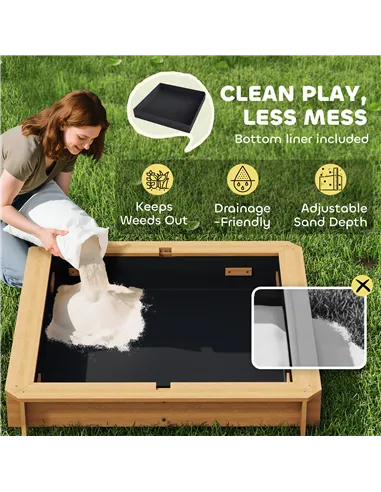 Outsunny Kids Square Wooden Sandpit, Children Sandbox Outdoor Playset