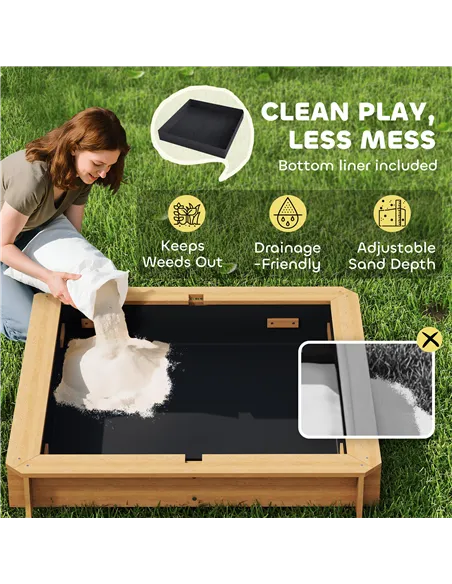 Outsunny Kids Square Wooden Sandpit, Children Sandbox Outdoor Playset