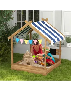 Outsunny House-Designed Wooden Sandbox, Outdoor Sandpit, with Blackboard, Toys, Sink, Seats, Flags, for Ages 3-7 Years - Brown 2