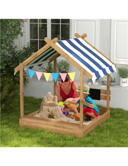 Outsunny House-Designed Wooden Sandbox, Outdoor Sandpit, with Blackboard, Toys, Sink, Seats, Flags, for Ages 3-7 Years - Brown