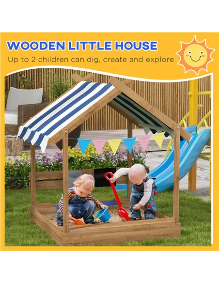 Outsunny House-Designed Wooden Sandbox, Outdoor Sandpit, with Blackboard, Toys, Sink, Seats, Flags, for Ages 3-7 Years - Brown