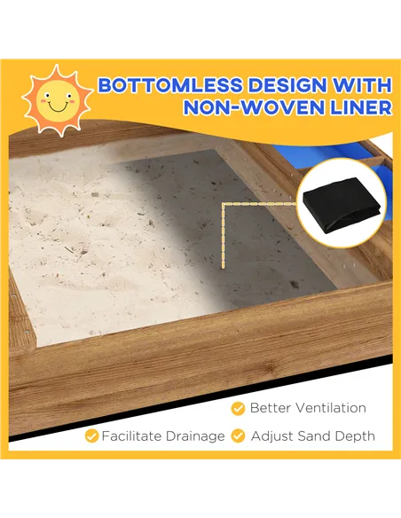 Outsunny House-Designed Wooden Sandbox, Outdoor Sandpit, with Blackboard, Toys, Sink, Seats, Flags, for Ages 3-7 Years - Brown