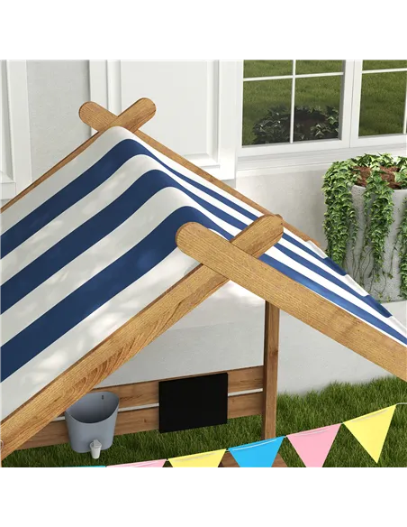 Outsunny House-Designed Wooden Sandbox, Outdoor Sandpit, with Blackboard, Toys, Sink, Seats, Flags, for Ages 3-7 Years - Brown