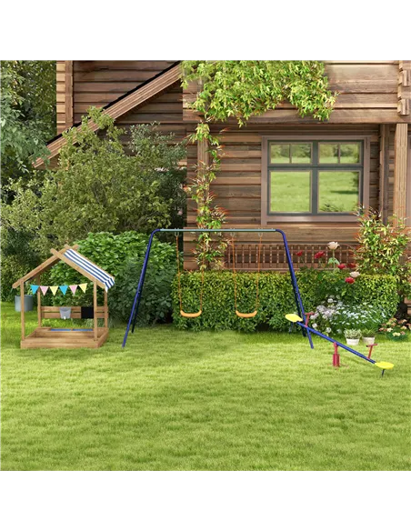 Outsunny House-Designed Wooden Sandbox, Outdoor Sandpit, with Blackboard, Toys, Sink, Seats, Flags, for Ages 3-7 Years - Brown