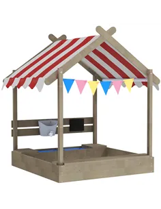 Outsunny House-Designed Wooden Sandbox, Outdoor Sandpit, with Blackboard, Toys, Sink, Seats, Flags, for Ages 3-7 Years - Grey