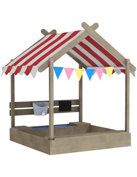 Outsunny House-Designed Wooden Sandbox, Outdoor Sandpit, with Blackboard, Toys, Sink, Seats, Flags, for Ages 3-7 Years - Grey