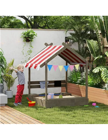 Outsunny House-Designed Wooden Sandbox, Outdoor Sandpit, with Blackboard, Toys, Sink, Seats, Flags, for Ages 3-7 Years - Grey