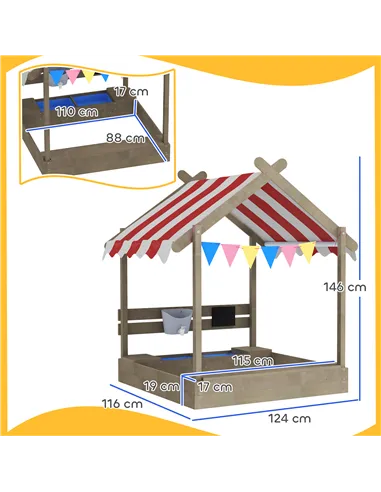Outsunny House-Designed Wooden Sandbox, Outdoor Sandpit, with Blackboard, Toys, Sink, Seats, Flags, for Ages 3-7 Years - Grey