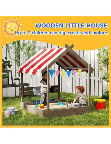 Outsunny House-Designed Wooden Sandbox, Outdoor Sandpit, with Blackboard, Toys, Sink, Seats, Flags, for Ages 3-7 Years - Grey