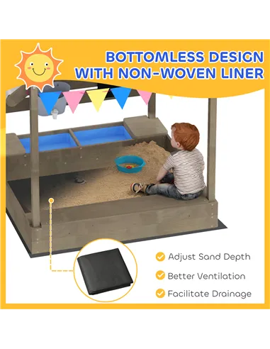 Outsunny House-Designed Wooden Sandbox, Outdoor Sandpit, with Blackboard, Toys, Sink, Seats, Flags, for Ages 3-7 Years - Grey