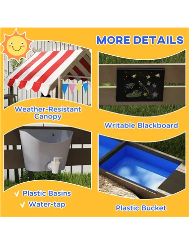 Outsunny House-Designed Wooden Sandbox, Outdoor Sandpit, with Blackboard, Toys, Sink, Seats, Flags, for Ages 3-7 Years - Grey