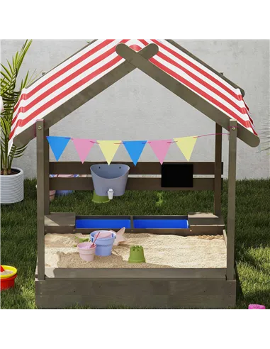 Outsunny House-Designed Wooden Sandbox, Outdoor Sandpit, with Blackboard, Toys, Sink, Seats, Flags, for Ages 3-7 Years - Grey