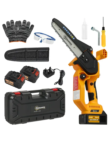 Outsunny Mini Chainsaw Cordless, 8 Inch Electric Chainsaw with 2 x 4000mAh Batteries, Brushless Motor and Safety Lock for Tree T