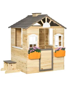 Outsunny Wooden Playhouse for Kids Outdoor Wendy House with Door, windows, Bench, Service Stations, Flowerpot Holder, For Ages 3