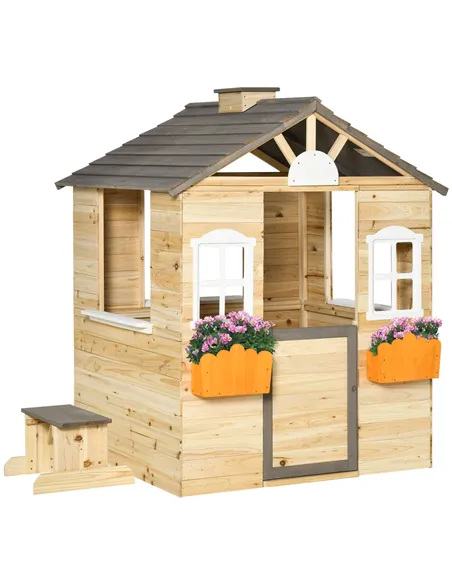Outsunny Wooden Playhouse for Kids Outdoor Wendy House with Door, windows, Bench, Service Stations, Flowerpot Holder, For Ages 3
