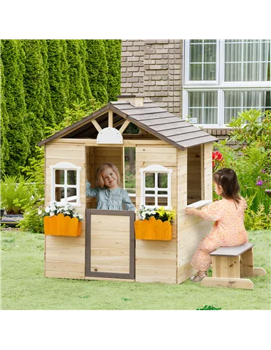Outsunny Wooden Playhouse for Kids Outdoor Wendy House with Door, windows, Bench, Service Stations, Flowerpot Holder, For Ages 3