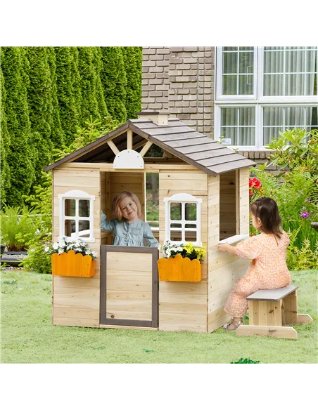 Outsunny Wooden Playhouse for Kids Outdoor Wendy House with Door, windows, Bench, Service Stations, Flowerpot Holder, For Ages 3