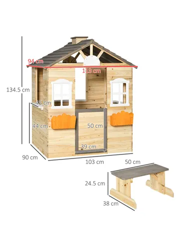 Outsunny Wooden Playhouse for Kids Outdoor Wendy House with Door, windows, Bench, Service Stations, Flowerpot Holder, For Ages 3