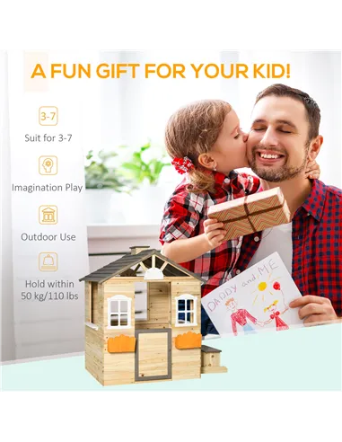 Outsunny Wooden Playhouse for Kids Outdoor Wendy House with Door, windows, Bench, Service Stations, Flowerpot Holder, For Ages 3