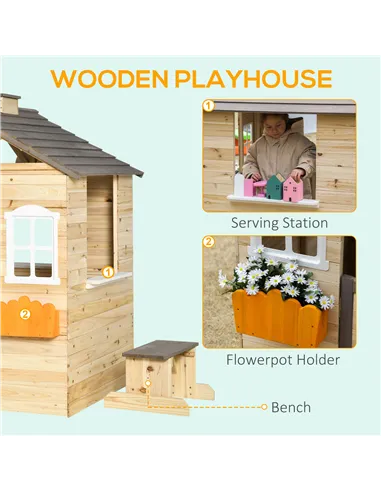 Outsunny Wooden Playhouse for Kids Outdoor Wendy House with Door, windows, Bench, Service Stations, Flowerpot Holder, For Ages 3
