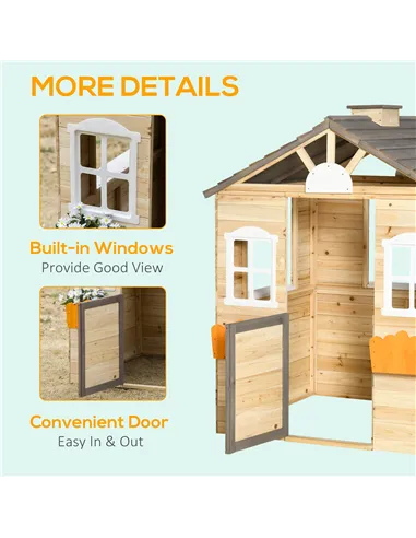 Outsunny Wooden Playhouse for Kids Outdoor Wendy House with Door, windows, Bench, Service Stations, Flowerpot Holder, For Ages 3
