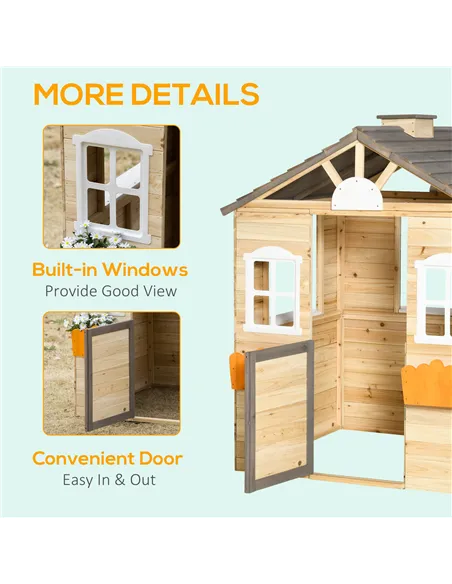 Outsunny Wooden Playhouse for Kids Outdoor Wendy House with Door, windows, Bench, Service Stations, Flowerpot Holder, For Ages 3