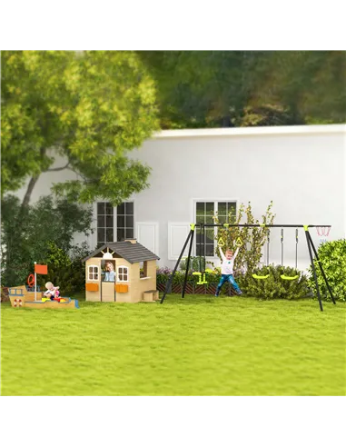 Outsunny Wooden Playhouse for Kids Outdoor Wendy House with Door, windows, Bench, Service Stations, Flowerpot Holder, For Ages 3