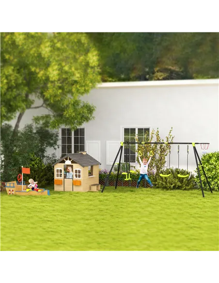 Outsunny Wooden Playhouse for Kids Outdoor Wendy House with Door, windows, Bench, Service Stations, Flowerpot Holder, For Ages 3