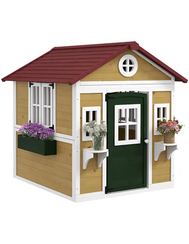 Outsunny Wooden Playhouse with Doors, Windows, Plant Pots, Boxes, for 3-8 Years - Beige