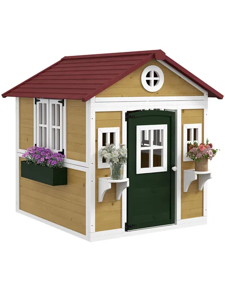 Outsunny Wooden Playhouse with Doors, Windows, Plant Pots, Boxes, for 3-8 Years - Beige
