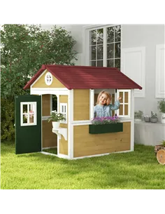 Outsunny Wooden Playhouse with Doors, Windows, Plant Pots, Boxes, for 3-8 Years - Beige 2