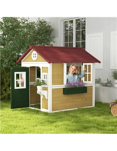 Outsunny Wooden Playhouse with Doors, Windows, Plant Pots, Boxes, for 3-8 Years - Beige