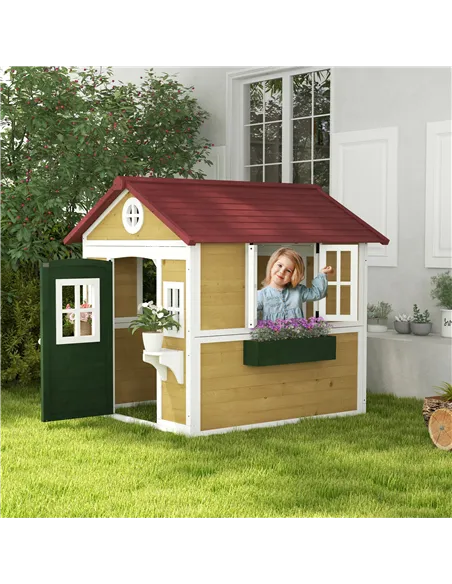 Outsunny Wooden Playhouse with Doors, Windows, Plant Pots, Boxes, for 3-8 Years - Beige