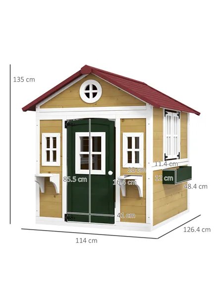 Outsunny Wooden Playhouse with Doors, Windows, Plant Pots, Boxes, for 3-8 Years - Beige