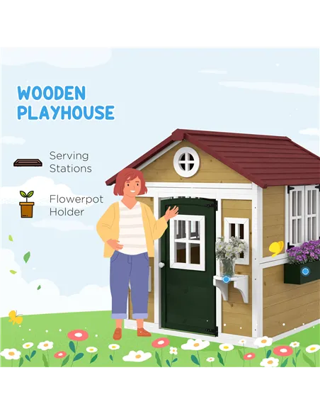 Outsunny Wooden Playhouse with Doors, Windows, Plant Pots, Boxes, for 3-8 Years - Beige