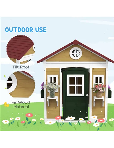 Outsunny Wooden Playhouse with Doors, Windows, Plant Pots, Boxes, for 3-8 Years - Beige