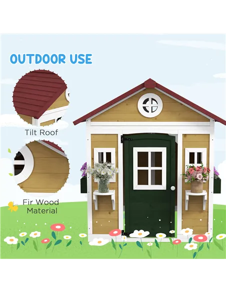 Outsunny Wooden Playhouse with Doors, Windows, Plant Pots, Boxes, for 3-8 Years - Beige