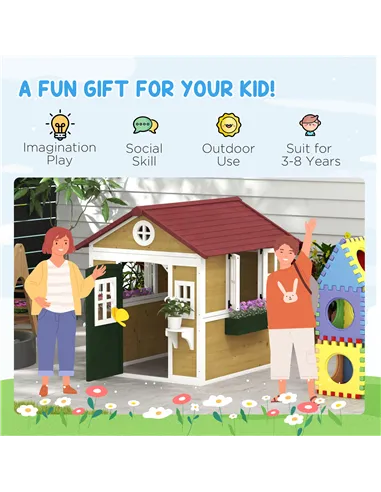 Outsunny Wooden Playhouse with Doors, Windows, Plant Pots, Boxes, for 3-8 Years - Beige