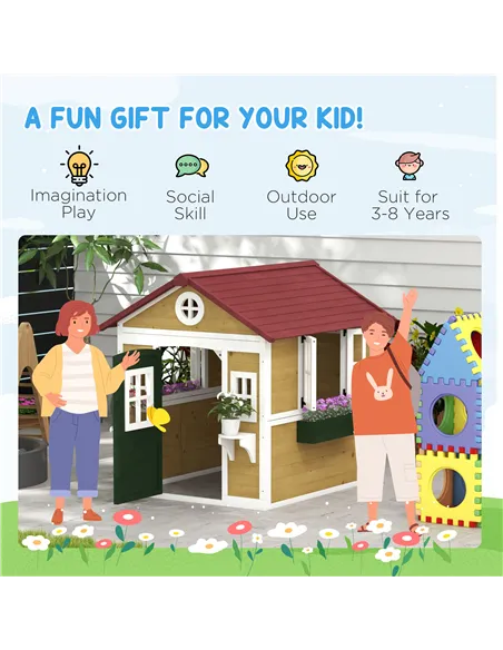 Outsunny Wooden Playhouse with Doors, Windows, Plant Pots, Boxes, for 3-8 Years - Beige