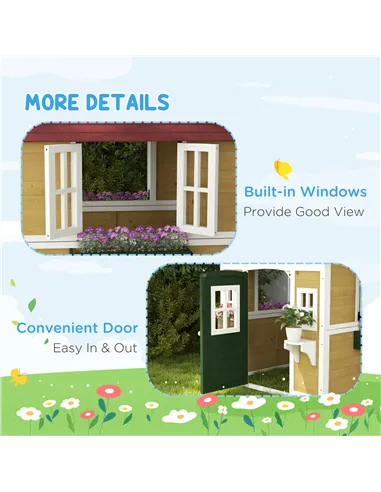 Outsunny Wooden Playhouse with Doors, Windows, Plant Pots, Boxes, for 3-8 Years - Beige