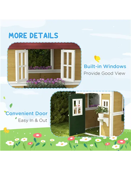 Outsunny Wooden Playhouse with Doors, Windows, Plant Pots, Boxes, for 3-8 Years - Beige