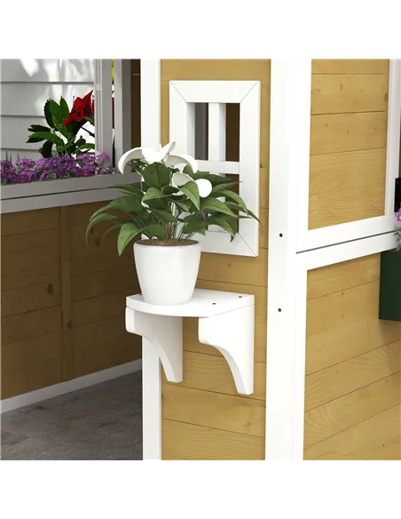 Outsunny Wooden Playhouse with Doors, Windows, Plant Pots, Boxes, for 3-8 Years - Beige