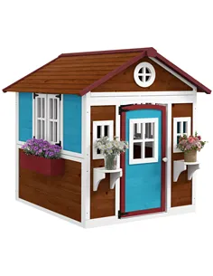 Outsunny Wooden Playhouse with Doors, Windows, Plant Pots, Boxes, for 3-8 Years - Dark Brown